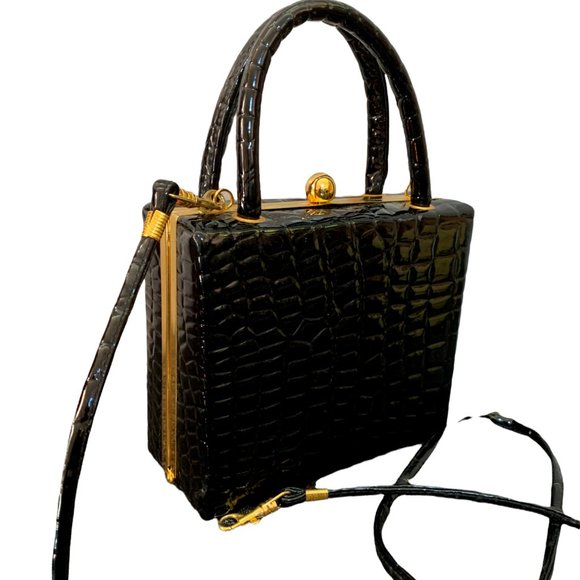 BLACK QUILTED PATENT LEATHER MINI SHOULDER BAG - Picture 2 of 11